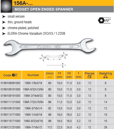 Elora 156A Midget Open Ended Spanner, Inch