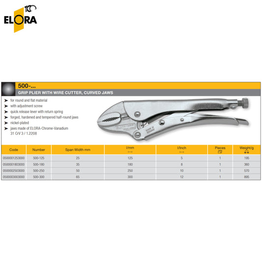 500 Elora Grip Pliers with Wire Cutter, Curved Jaws