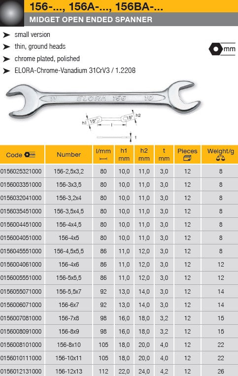 Elora 156S Midget Open Ended Spanner, Metric