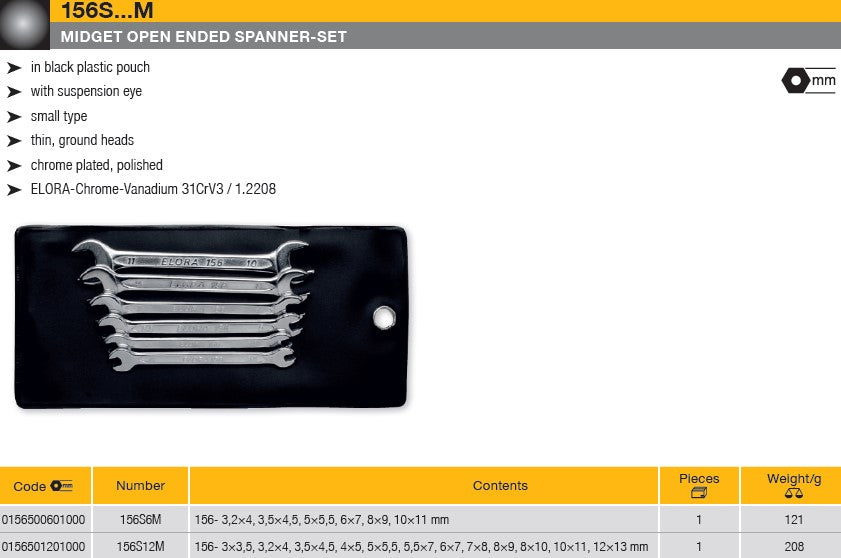 Elora 156S Midget Open Ended Spanner, Metric