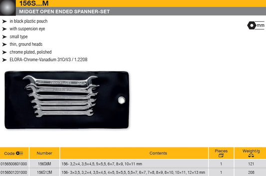 Elora 156S Midget Open Ended Spanner, Metric