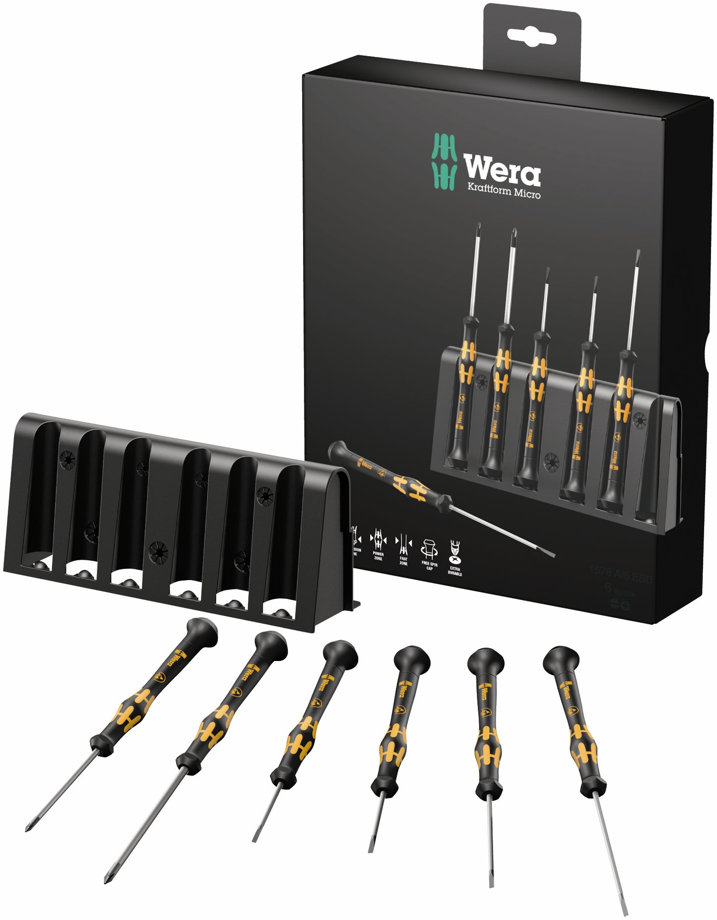 Wera 1578 A/6 ESD Screwdriver Set and Rack for Electronic Applications, 6 pieces 05030170001